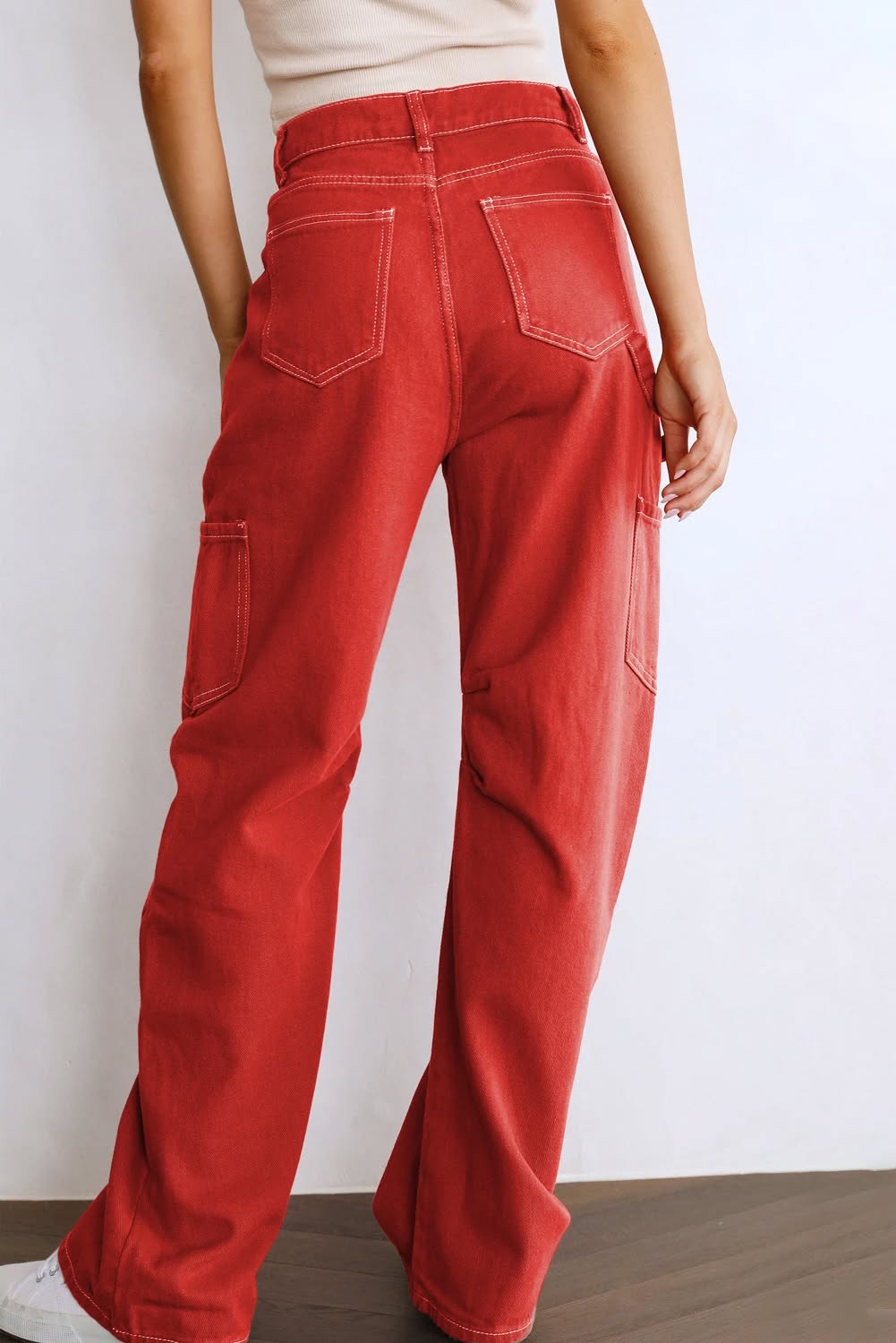 RED CARGO STRAIGHT LEG PANTS