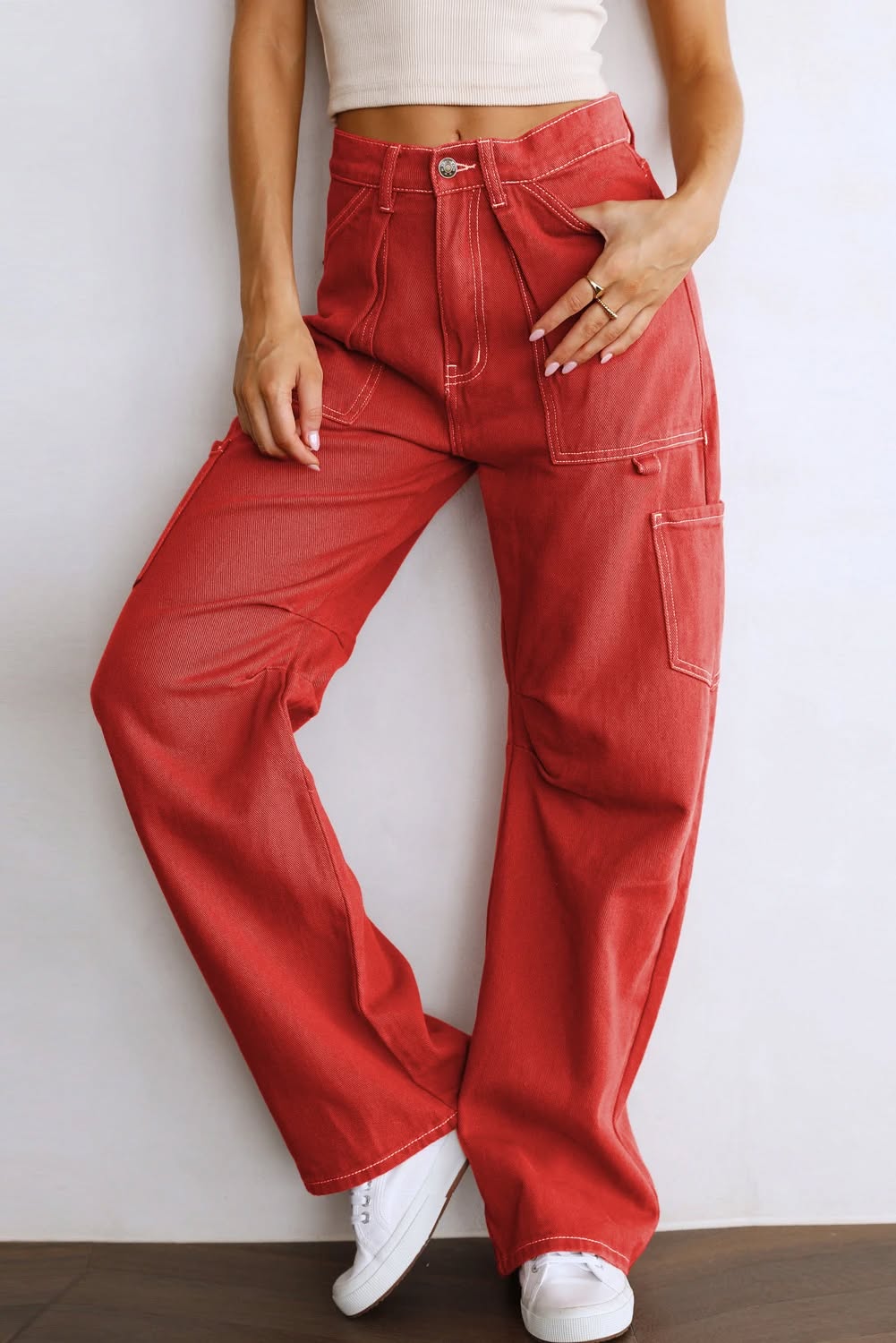 RED CARGO STRAIGHT LEG PANTS