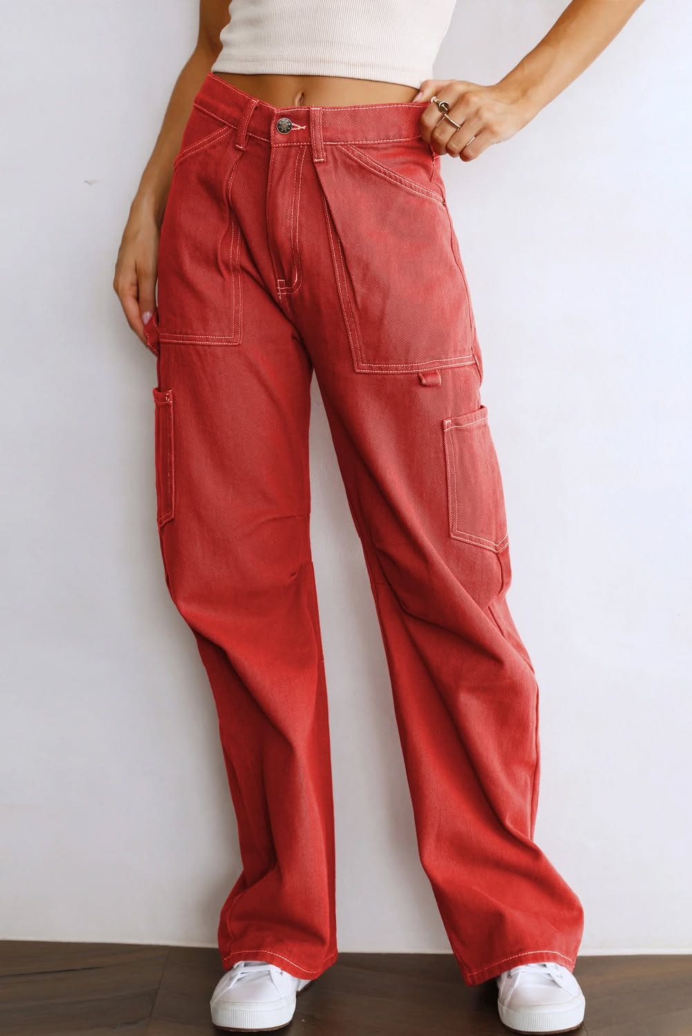 RED CARGO STRAIGHT LEG PANTS