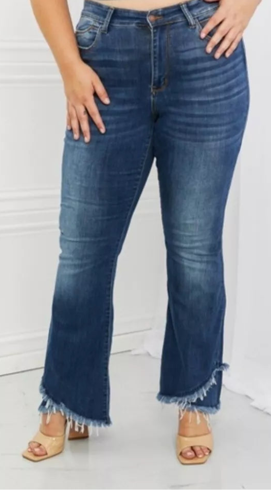 JUDY BLUE HIGH WAIST FRAY HEM TULIP RETRO FLARE JEANS