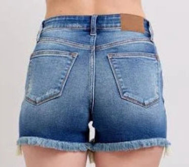 JUDY BLUE MID RISE 2 BUTTON DAD DESTROY SHORTS