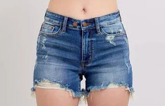 JUDY BLUE MID RISE 2 BUTTON DAD DESTROY SHORTS