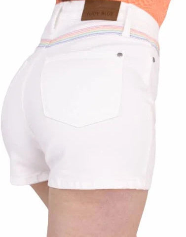 JUDY BLUE HW YOKE DETAIL STICHED SHORTS (RAINBOW) (WHITE)