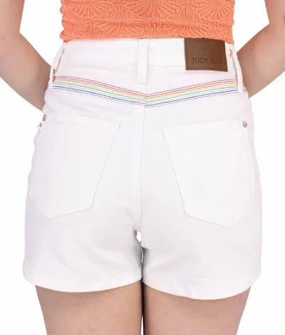 JUDY BLUE HW YOKE DETAIL STICHED SHORTS (RAINBOW) (WHITE)